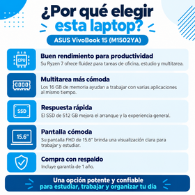 Ventajas ASUS Vivobook 15 M1502YA para productividad y multitarea, con garantía de un año