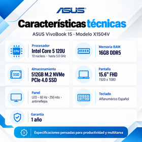 Características técnicas ASUS VivoBook 15 X1504V: Core 5 120U, 16 GB DDR5, SSD 512 GB y pantalla Full HD de 15,6 pulgadas