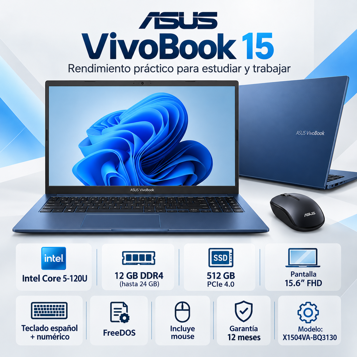 ASUS Vivobook 15 X1504VA-BQ3130 azul, Intel Core 5 120U, 12 GB DDR4, SSD PCIe 4.0 512 GB y mouse incluido