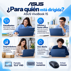ASUS Vivobook 15 Core 5 para estudiantes, oficina, emprendedores y uso diario; teclado numérico y mouse incluido