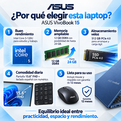 Ventajas ASUS X1504VA-BQ3130: Core 5 120U, 12 GB RAM ampliables a 24 GB, SSD PCIe 4.0, Full HD y garantía de 12 meses