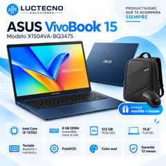 ASUS Vivobook 15 X1504VA-BQ3475 azul, Core i3-1315U, 8 GB RAM, SSD 512 GB, mochila y mouse