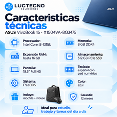 Ficha ASUS X1504VA-BQ3475: Core i3, RAM 8 GB ampliable a 16 GB, SSD 512 GB, teclado español numérico y FreeDOS