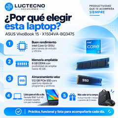 Ventajas ASUS Vivobook 15 X1504VA-BQ3475: Core i3, RAM ampliable, SSD 512 GB, pantalla Full HD y garantía de 12 meses