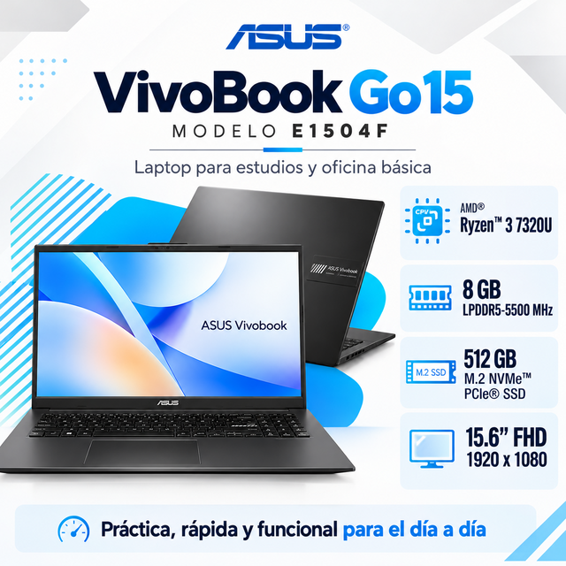 Laptop ASUS Vivobook Go 15 E1504F, Ryzen 3 7320U, 8 GB LPDDR5 y SSD 512 GB