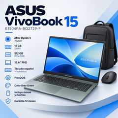 ASUS Vivobook Go 15 E1504FA-BQ2739-F Grey Green, Ryzen 5 7520U, 16 GB RAM, SSD 512 GB, mochila y mouse