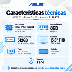 Especificaciones del ASUS Vivobook Go 15 E1504TA: Intel N150, 8 GB LPDDR5, SSD 512 GB y pantalla Full HD