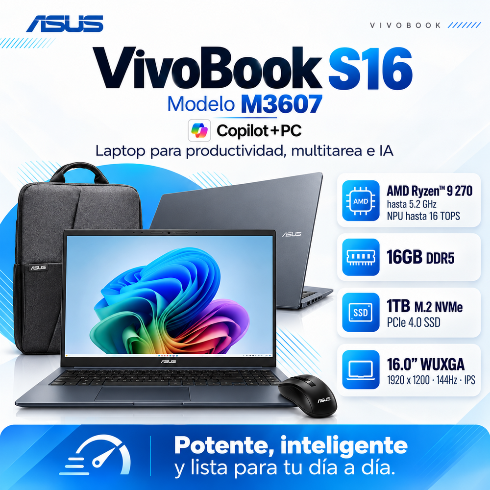 ASUS VivoBook S16 M3607 con Ryzen 9 270, 16 GB DDR5, SSD 1 TB y pantalla WUXGA de 16 pulgadas
