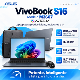 ASUS VivoBook S16 M3607 con Ryzen 9 270, 16 GB DDR5, SSD 1 TB y pantalla WUXGA de 16 pulgadas