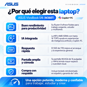 Ventajas ASUS VivoBook S16 M3607 para productividad, multitarea y aplicaciones de IA compatibles
