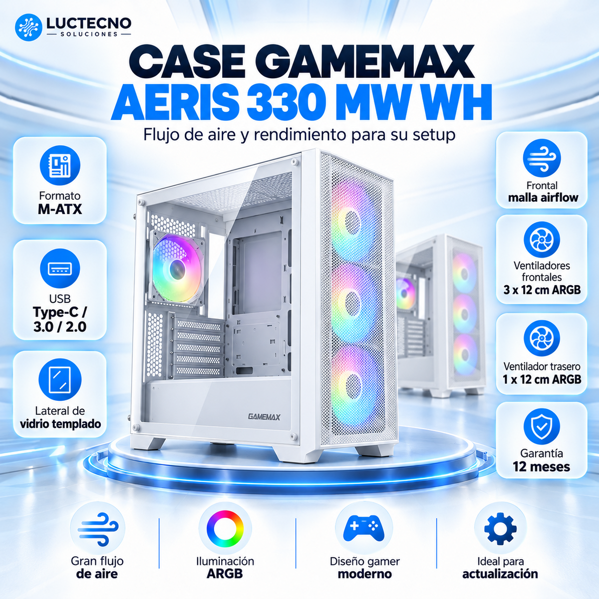 Case GameMax Aeris 330 MW WH blanco M-ATX con vidrio templado, frontal de malla y 4 ventiladores ARGB de 120 mm