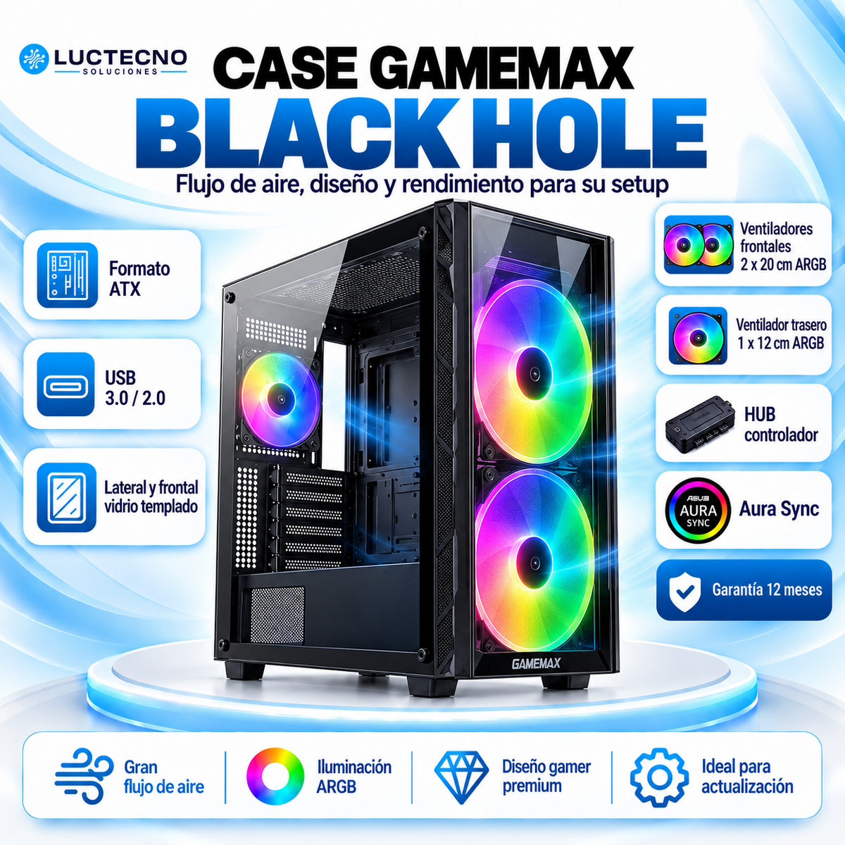 Case GameMax Black Hole ATX negro con vidrio templado, tres ventiladores ARGB y HUB Aura Sync