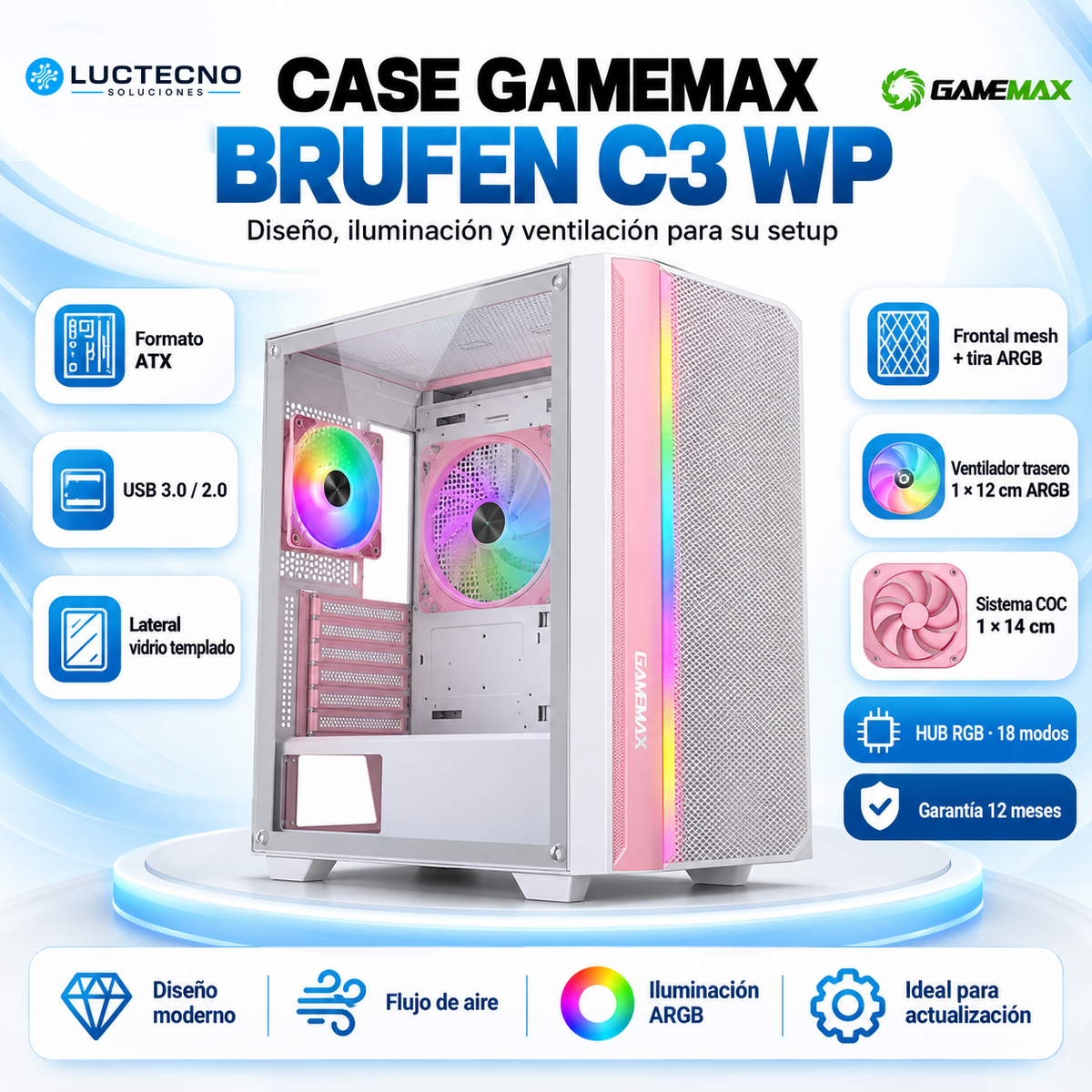 Case GameMax Brufen C3 WP ATX con vidrio templado, frontal mesh, tira ARGB y controlador HUB