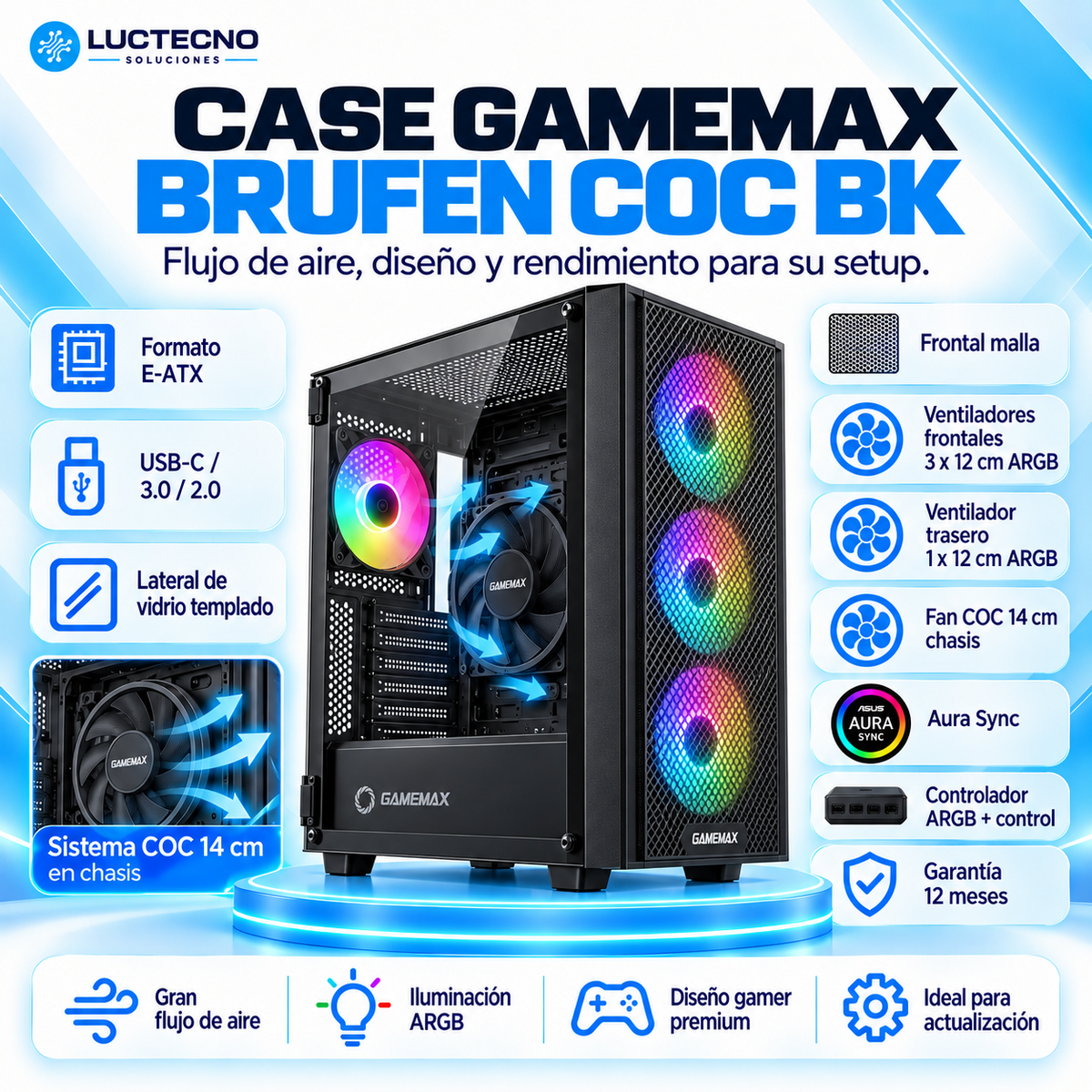 GameMax Brufen COC BK E-ATX negro con cuatro ventiladores ARGB, ventilador COC de 14 cm y frontal de malla