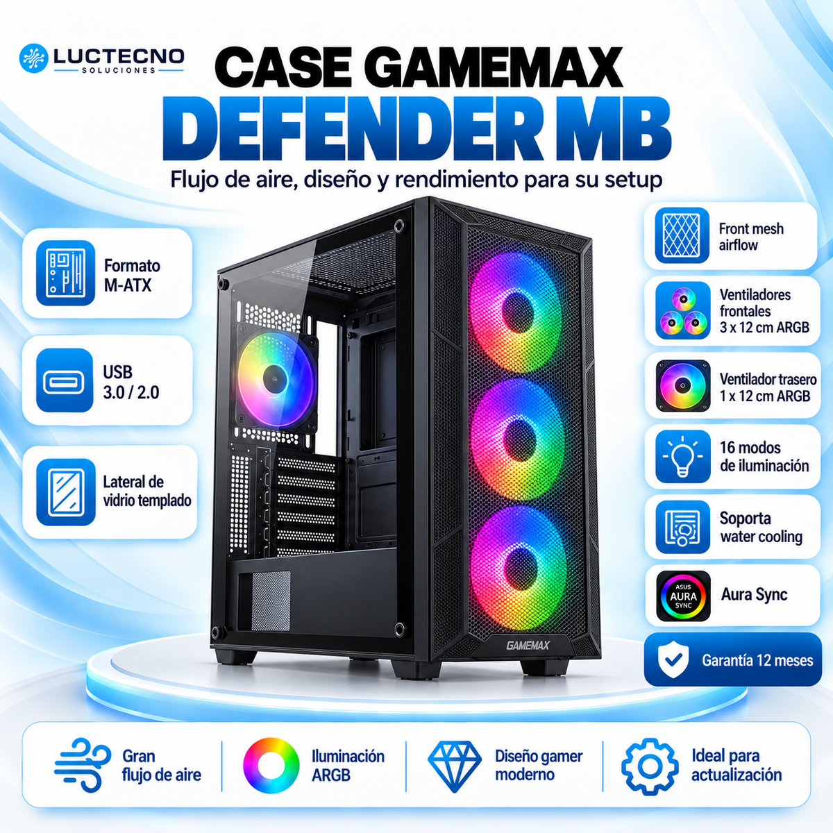 Case GameMax Defender MB negro M-ATX con 4 ventiladores ARGB, 16 modos, Aura Sync y lateral de vidrio templado