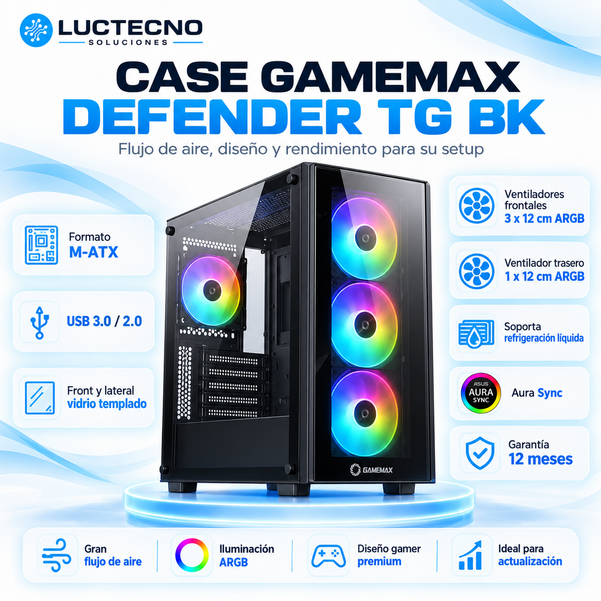 Case GameMax Defender TG BK negro M-ATX con cuatro ventiladores ARGB y vidrio templado frontal y lateral