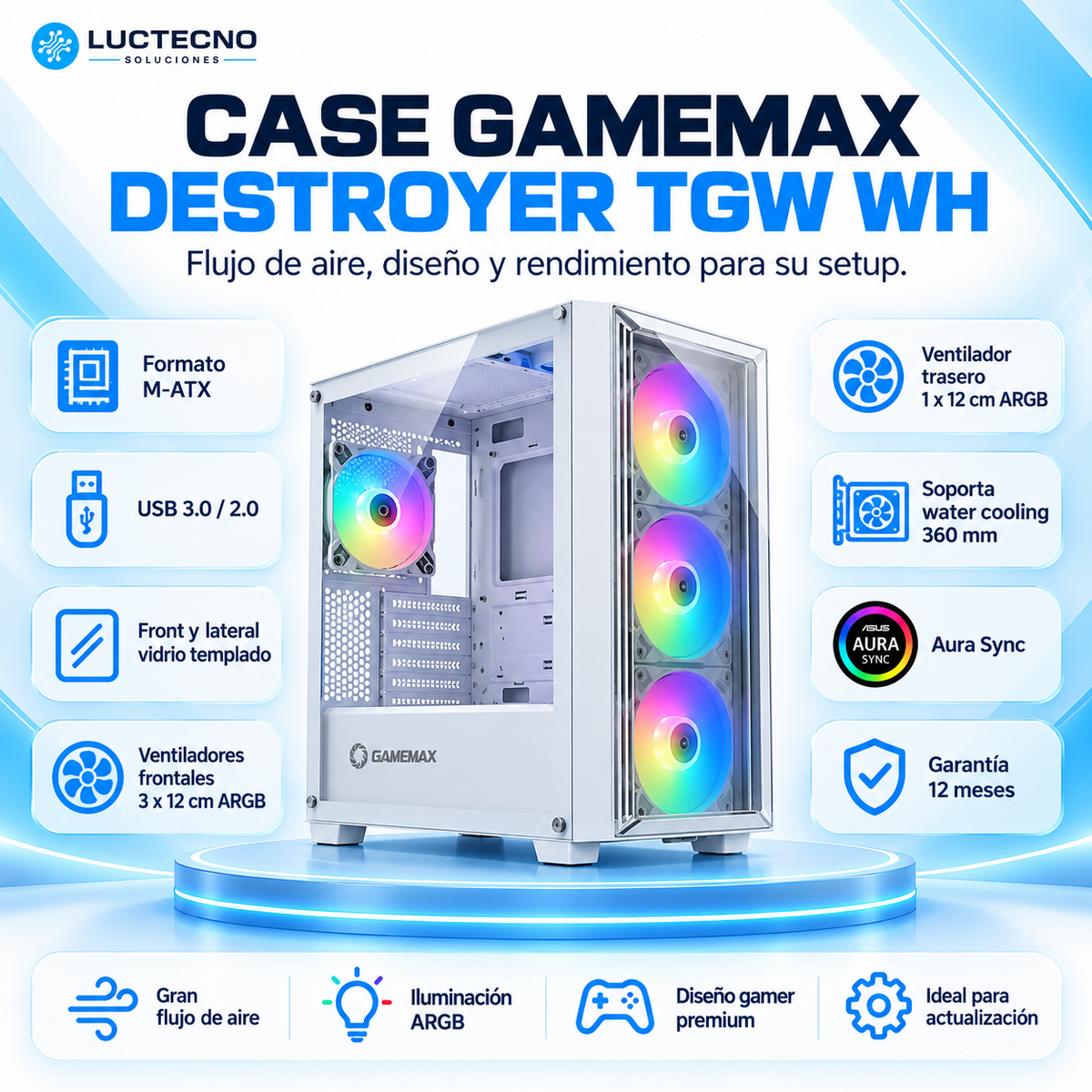 Case GameMax Destroyer TGW WH blanco M-ATX con cuatro ventiladores ARGB y vidrio templado frontal y lateral