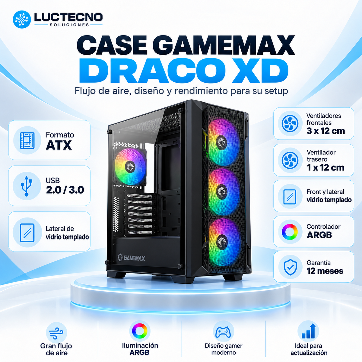 Case GameMax Draco XD ATX negro con cuatro ventiladores, vidrio templado y controlador ARGB