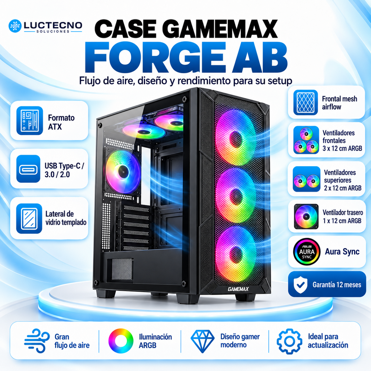 Case GameMax Forge AB negro ATX con 6 ventiladores ARGB de 120 mm, USB-C, Aura Sync y vidrio templado