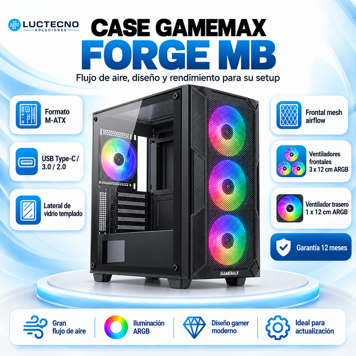 Case GameMax Forge MB negro M-ATX con 4 ventiladores ARGB de 120 mm, USB-C, vidrio templado y frontal mesh