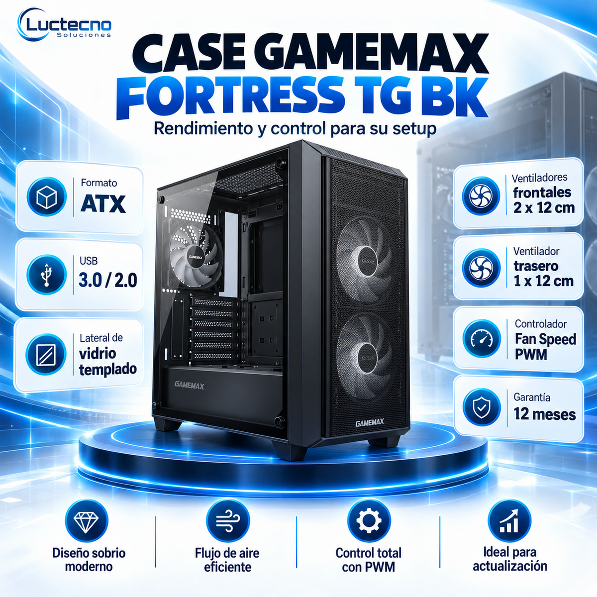 Case GameMax Fortress TG BK negro ATX con lateral de vidrio templado, 3 ventiladores de 120 mm y controlador PWM
