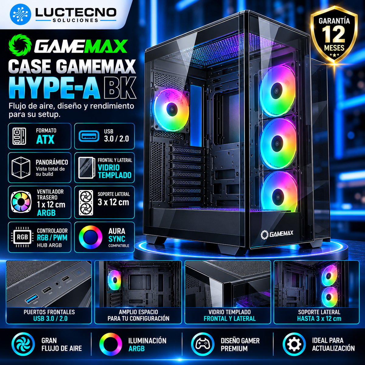 Case GameMax HYPE-A BK ATX negro panorámico con vidrio templado frontal y lateral e iluminación ARGB