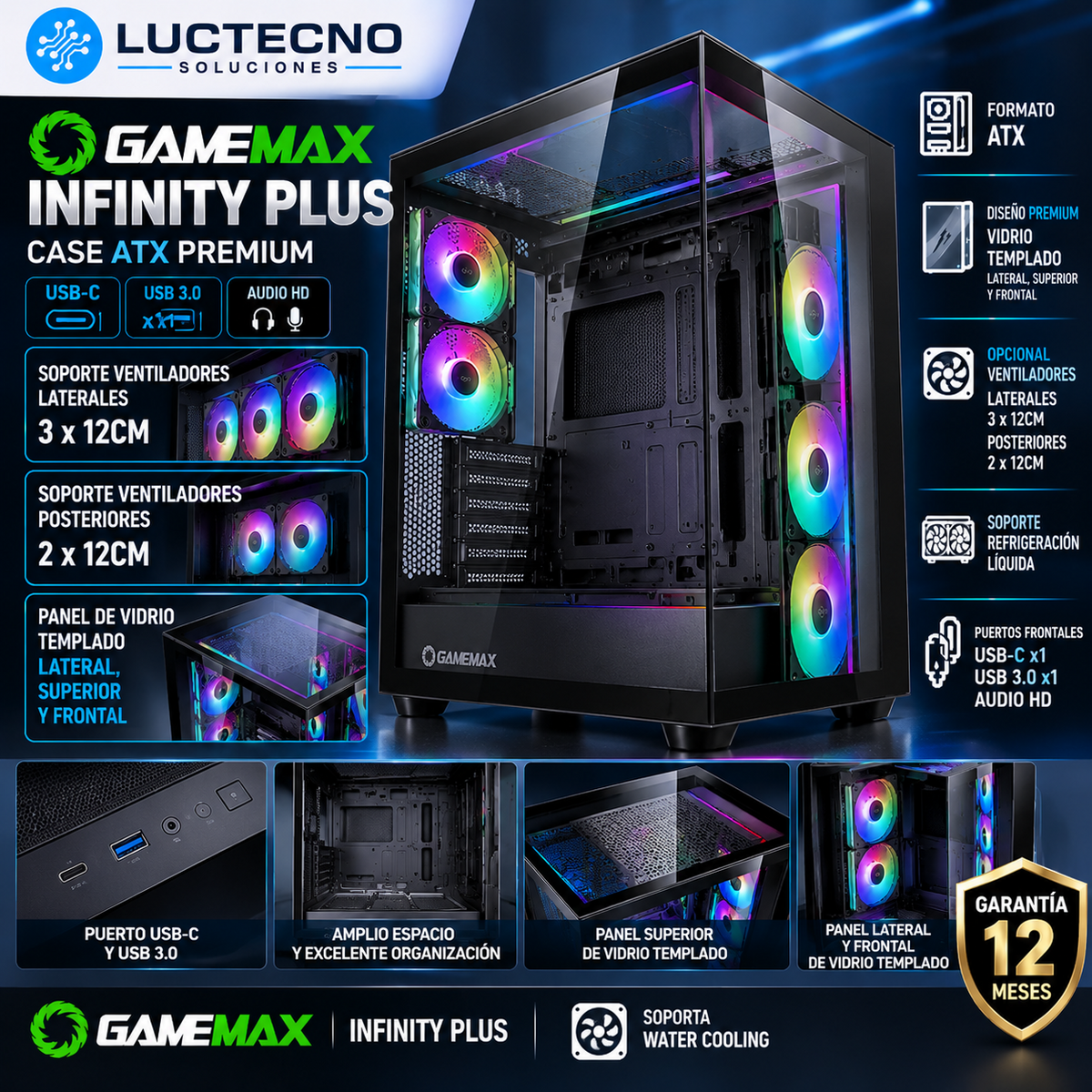 GameMax Infinity Plus BK ATX con vidrio templado lateral, superior y frontal; ventiladores opcionales. Vista 1