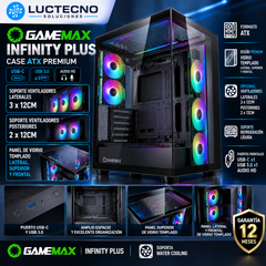 GameMax Infinity Plus BK ATX con vidrio templado lateral, superior y frontal; ventiladores opcionales. Vista 1