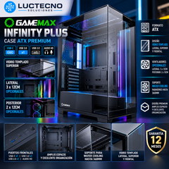 GameMax Infinity Plus BK ATX con vidrio templado lateral, superior y frontal; ventiladores opcionales. Vista 2