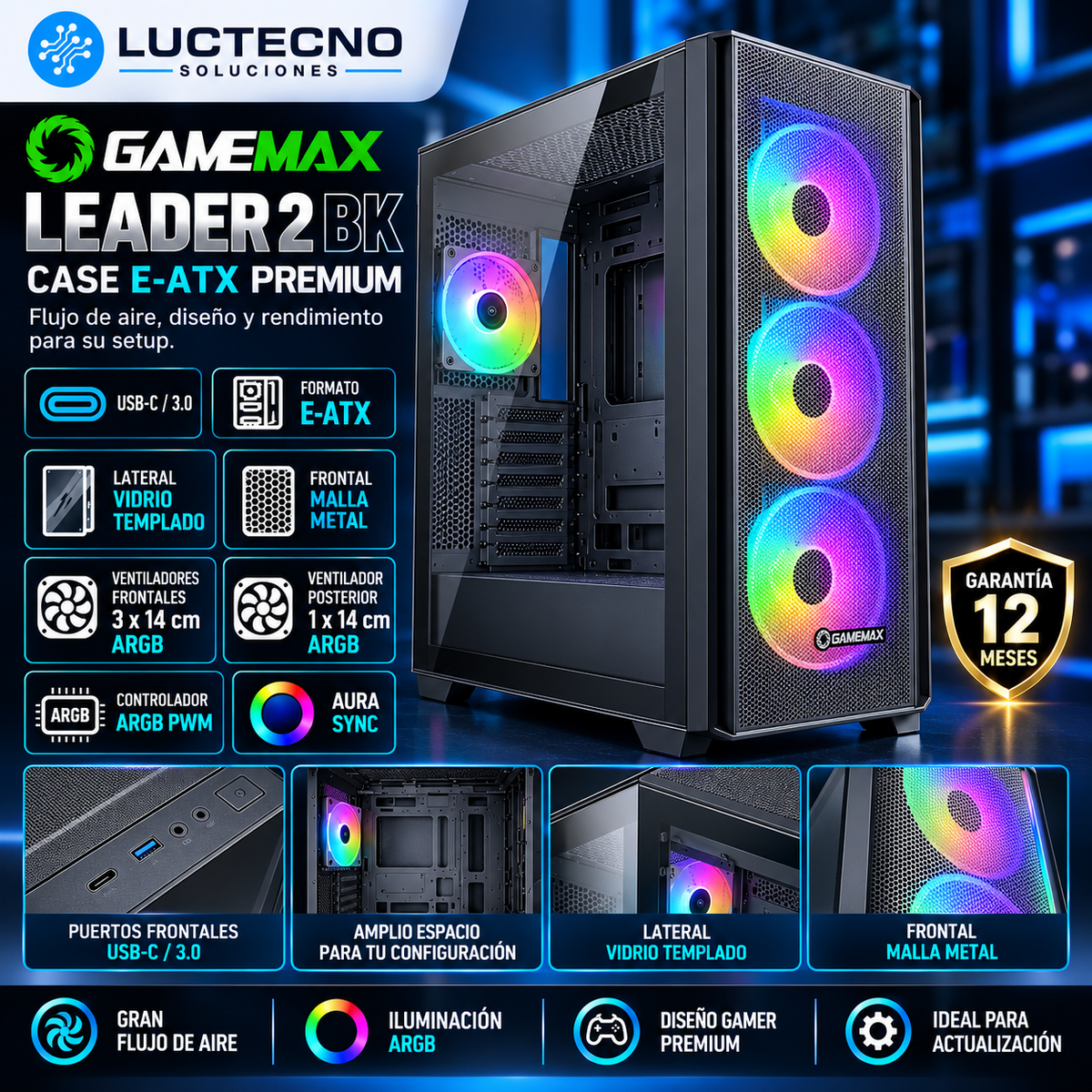 Case GameMax Leader 2 BK E-ATX negro con cuatro ventiladores ARGB de 14 cm, vidrio templado lateral y frontal de malla metálica