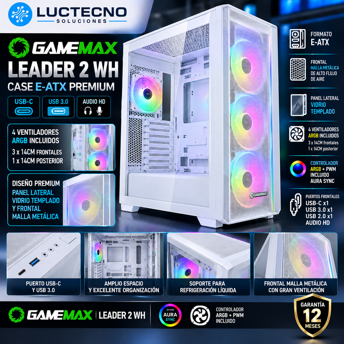 Case GameMax Leader 2 WH E-ATX blanco con cuatro ventiladores ARGB de 14 cm, lateral de vidrio templado y frontal de malla metálica