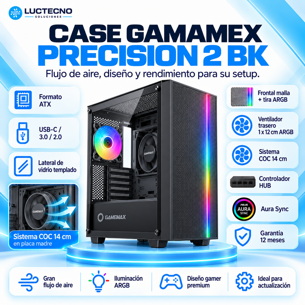Case GameMax Precision 2 BK ATX negro con frontal de malla, tira ARGB, vidrio templado y sistema COC de 14 cm