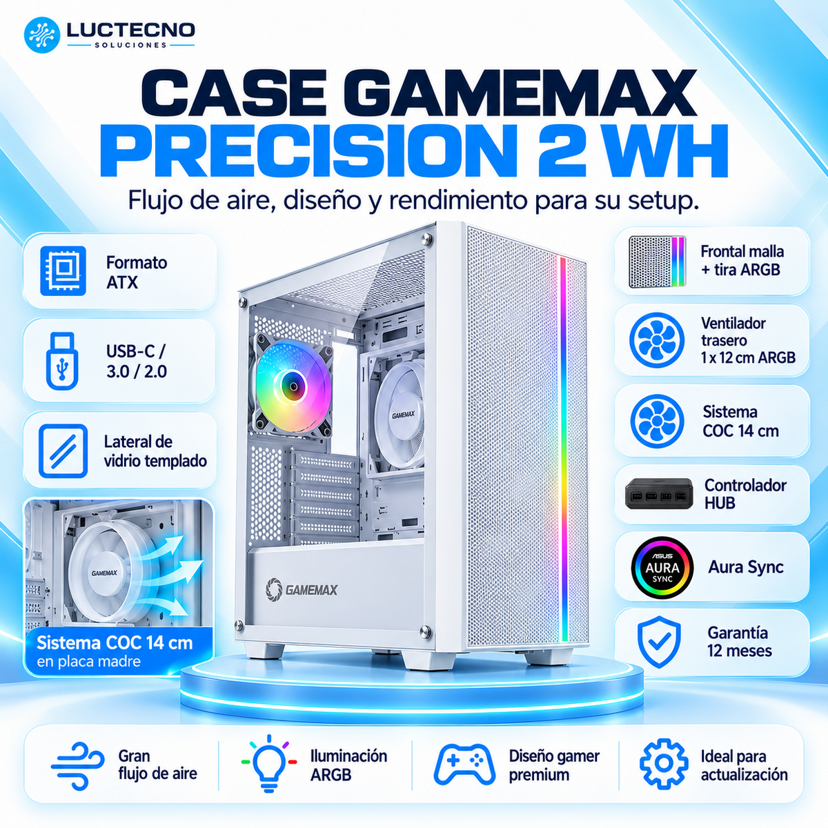 Case GameMax Precision 2 WH ATX blanco con frontal de malla, tira ARGB, vidrio templado y sistema COC de 14 cm