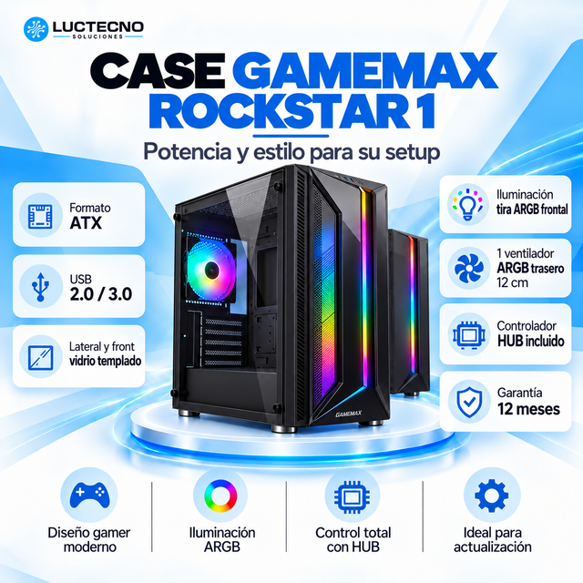 Case GameMax Rockstar 1 ATX negro con vidrio templado, tira ARGB frontal, ventilador trasero de 120 mm y HUB
