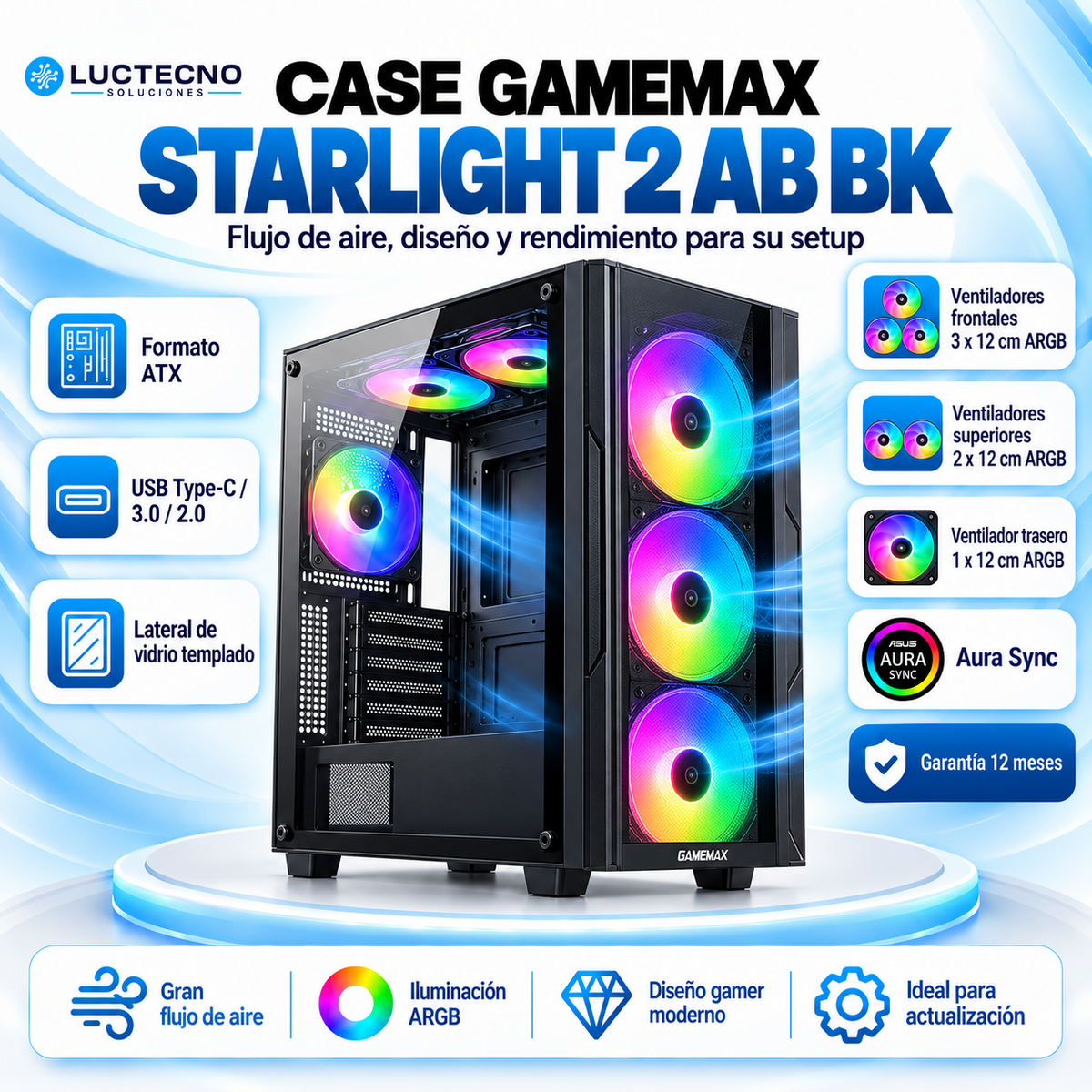 Case GameMax Starlight 2 AB BK negro ATX con 6 ventiladores ARGB de 120 mm, USB-C, Aura Sync y vidrio templado