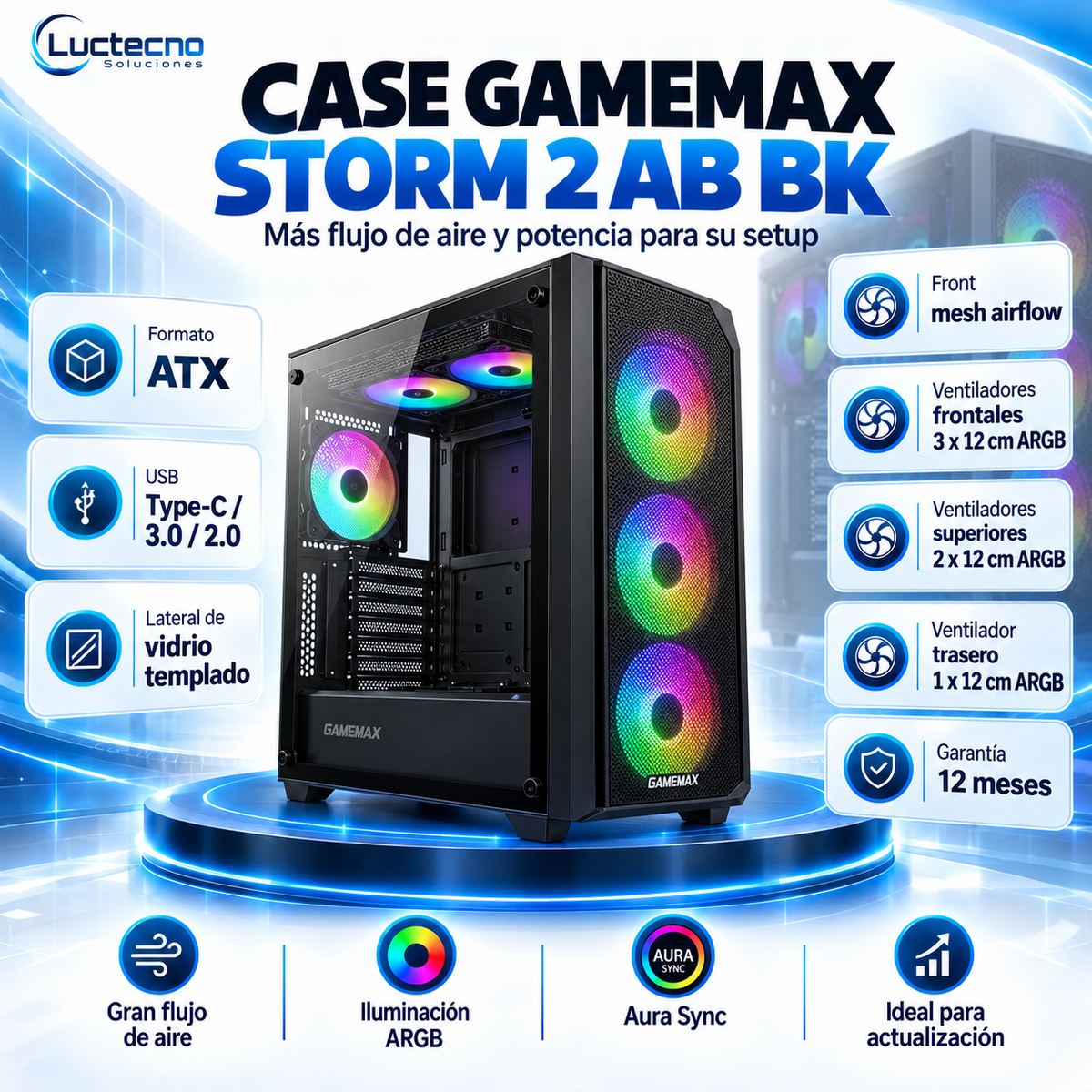 Case GameMax Storm 2 AB BK negro ATX con 6 ventiladores ARGB de 120 mm, USB-C, vidrio templado y frontal mesh