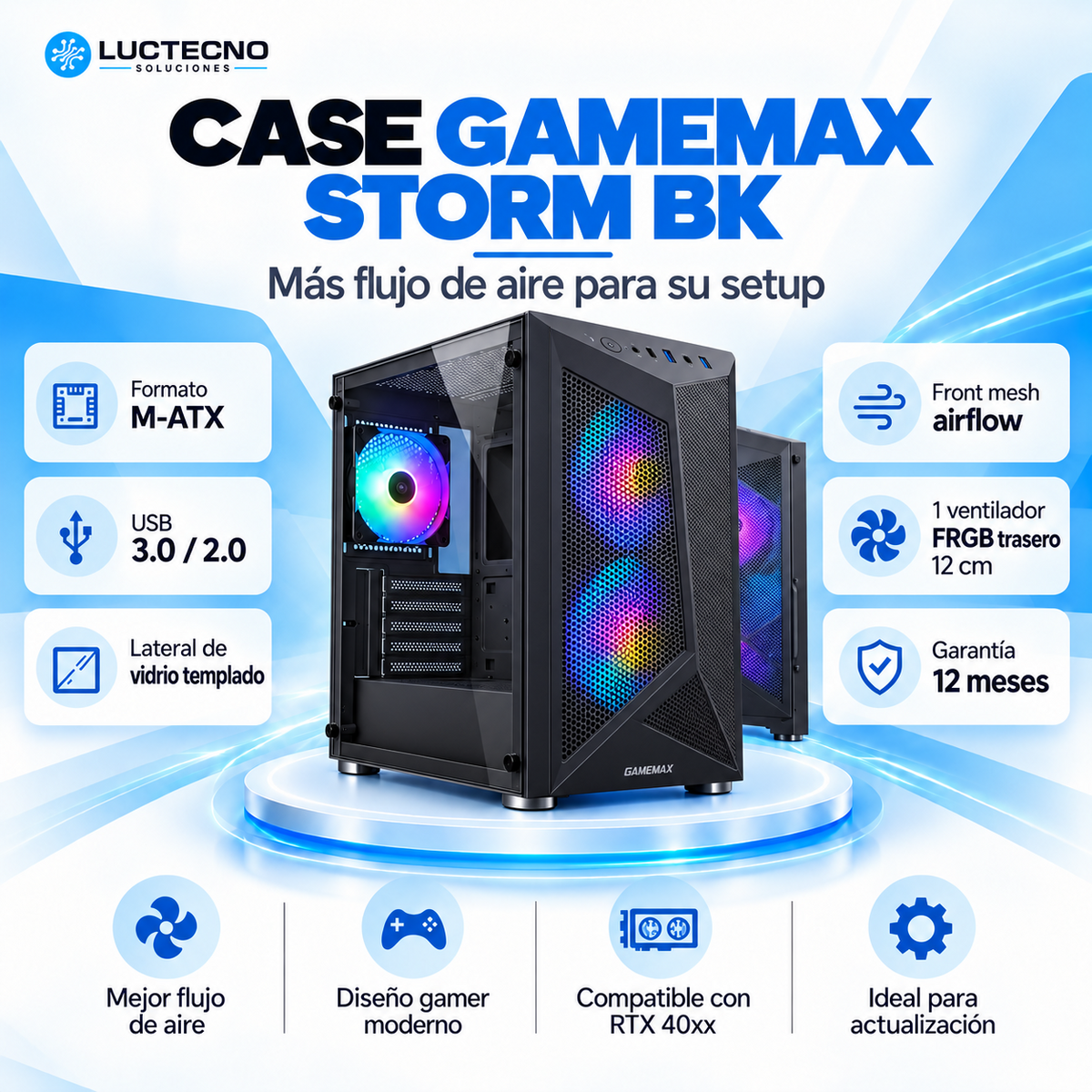 Case GameMax Storm BK negro M-ATX con frontal mesh, vidrio templado y ventilador trasero FRGB de 120 mm