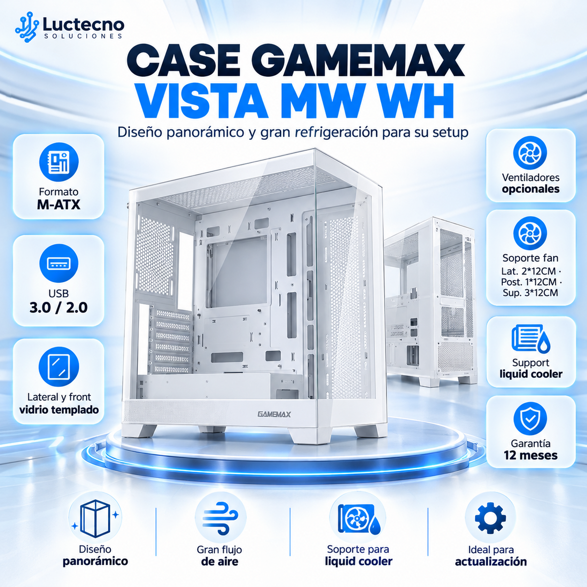 Case GameMax Vista MW WH blanco M-ATX panorámico con vidrio templado frontal y lateral; ventiladores opcionales