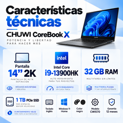 Ficha técnica Chuwi CoreBook X: i9-13900HK, 32 GB RAM, SSD PCIe 1 TB, pantalla 14 pulgadas 2K, Windows 11 Home y teclado inglés