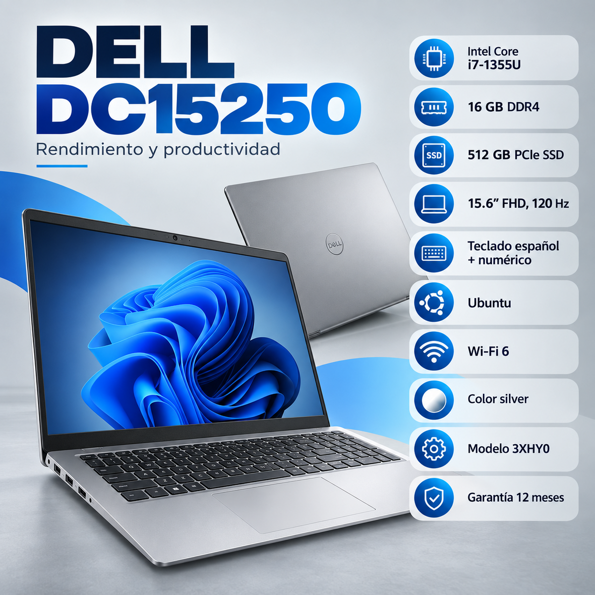 Dell DC15250 3XHY0, Core i7-1355U, 16 GB DDR4 y SSD 512 GB; incluye Ubuntu — presentación