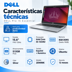 Dell Pro 15 Essential 2DWMK, Core i5-1334U, 8 GB DDR5, SSD 512 GB, Ubuntu — características técnicas