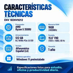 Especificaciones de la ENV 1EENV9212: pantalla Full HD 15,6 pulgadas a 60 Hz y Windows 11