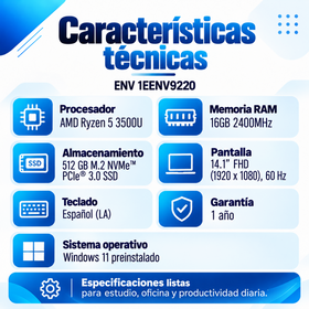 Características de la ENV 1EENV9220: RAM 2400 MHz, SSD NVMe PCIe 3.0, pantalla Full HD 60 Hz y Windows 11