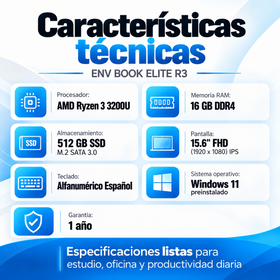 Especificaciones ENV Book Elite R3, pantalla Full HD IPS de 15,6 pulgadas y Windows 11