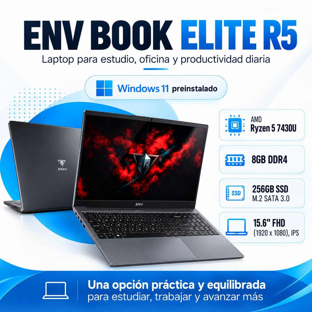 ENV Book Elite R5 con AMD Ryzen 5 7430U, 8 GB DDR4 y SSD 256 GB