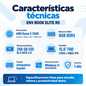 Especificaciones ENV Book Elite R5, pantalla Full HD IPS de 15,6 pulgadas y Windows 11