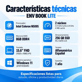 Características ENV Book Lite, pantalla Full HD IPS de 15,6 pulgadas y Windows 11
