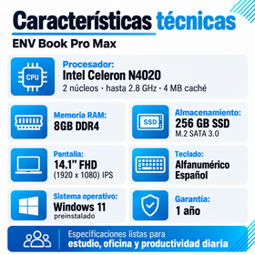 Especificaciones ENV Book Pro Max, pantalla Full HD IPS de 14,1 pulgadas