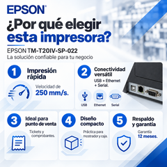 Características de la Epson TM-T20IV-SP-022: impresión térmica de recibos, triple conexión y garantía de 12 meses