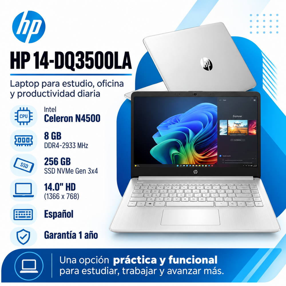 HP 14-DQ3500LA con Intel Celeron N4500, RAM 8 GB DDR4, SSD NVMe 256 GB y pantalla HD de 14 pulgadas